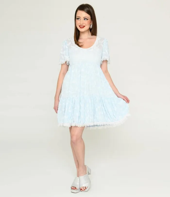 Ice Blue Bat and Moon Flocked Babydoll Dress DressesPlus Unique Vintage Babydoll Ice Blue Bat and Moon Flocked Babydoll Dress DressesPlus Unique Vintage Babydoll