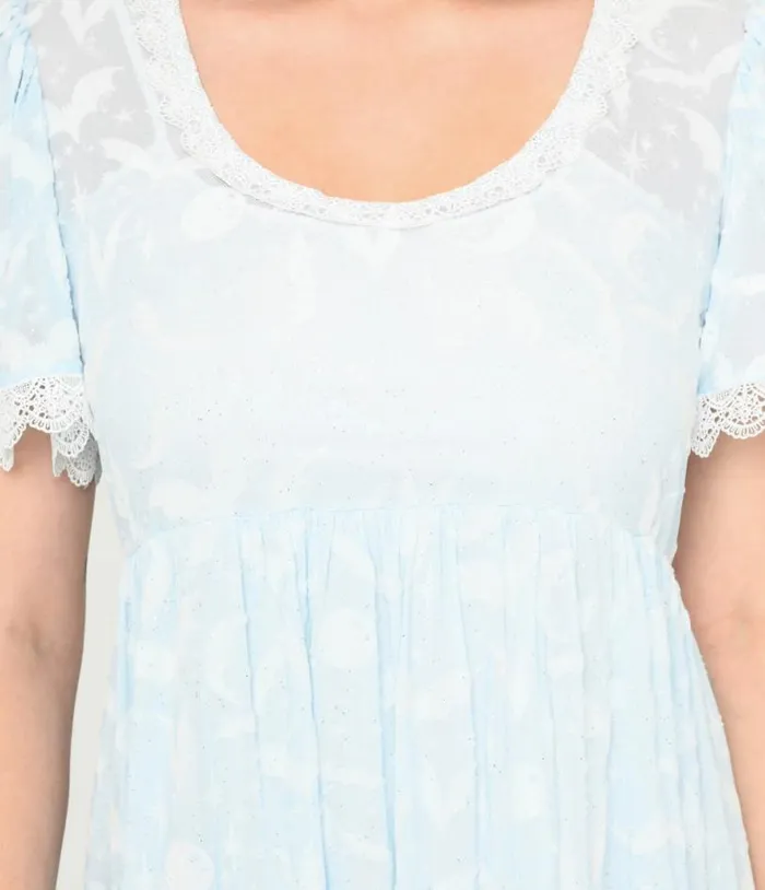 Ice Blue Bat and Moon Flocked Babydoll Dress DressesPlus Unique Vintage Babydoll
