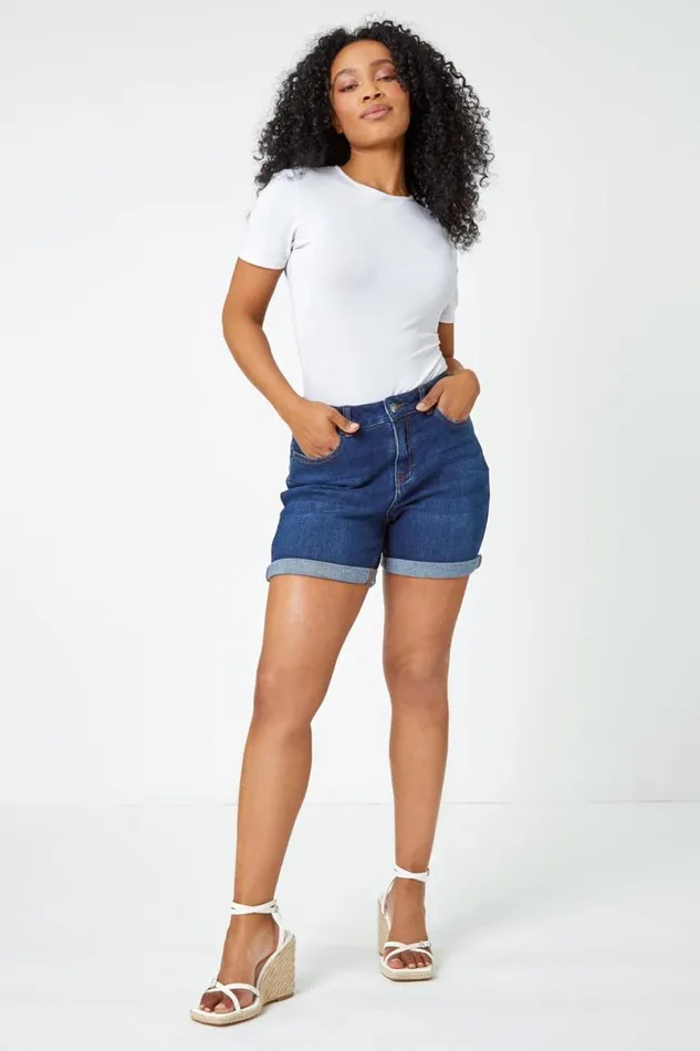 Indigo Petite Cotton Blend Stretch Shorts Women Roman Trousers
