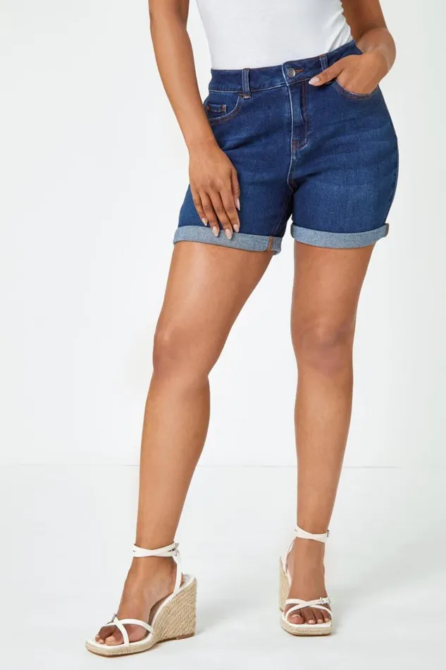 Indigo Petite Cotton Blend Stretch Shorts Women Roman Trousers
