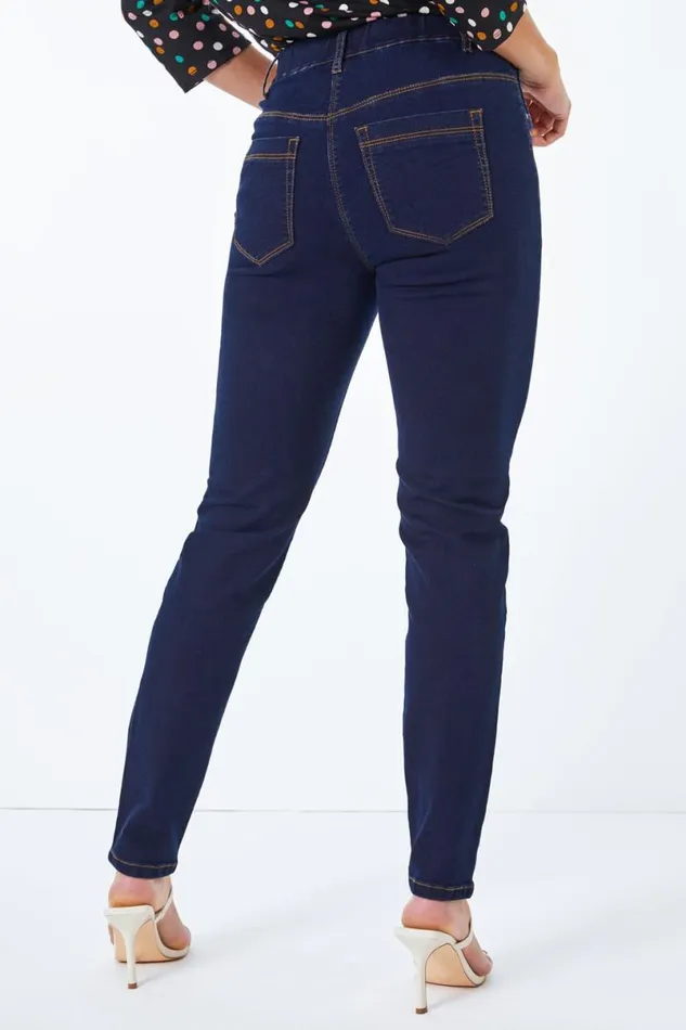 Indigo Petite Stretch Denim Elastic Waist Jegging Women Roman Trousers