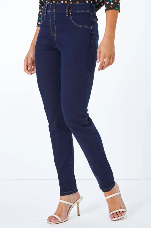 Indigo Petite Stretch Denim Elastic Waist Jegging Women Roman Trousers