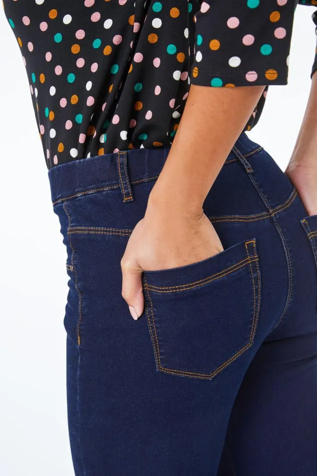 Indigo Petite Stretch Denim Elastic Waist Jegging Women Roman Trousers