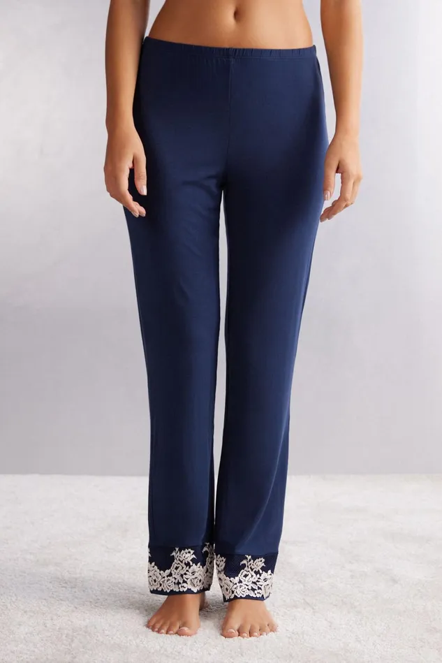 Intimissimi Long Pajamas Women Pretty Flowers Ruffled Full Length Modal Pants Blue 347i 8211 Deep Bluevanilla