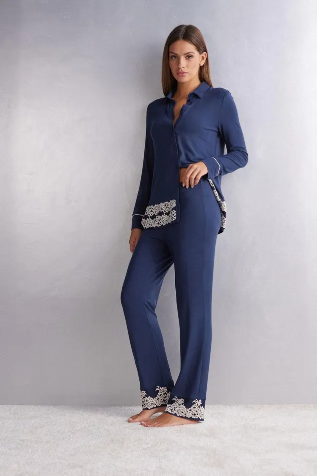 Intimissimi Long Pajamas Women Pretty Flowers Ruffled Full Length Modal Pants Blue 347i 8211 Deep Bluevanilla