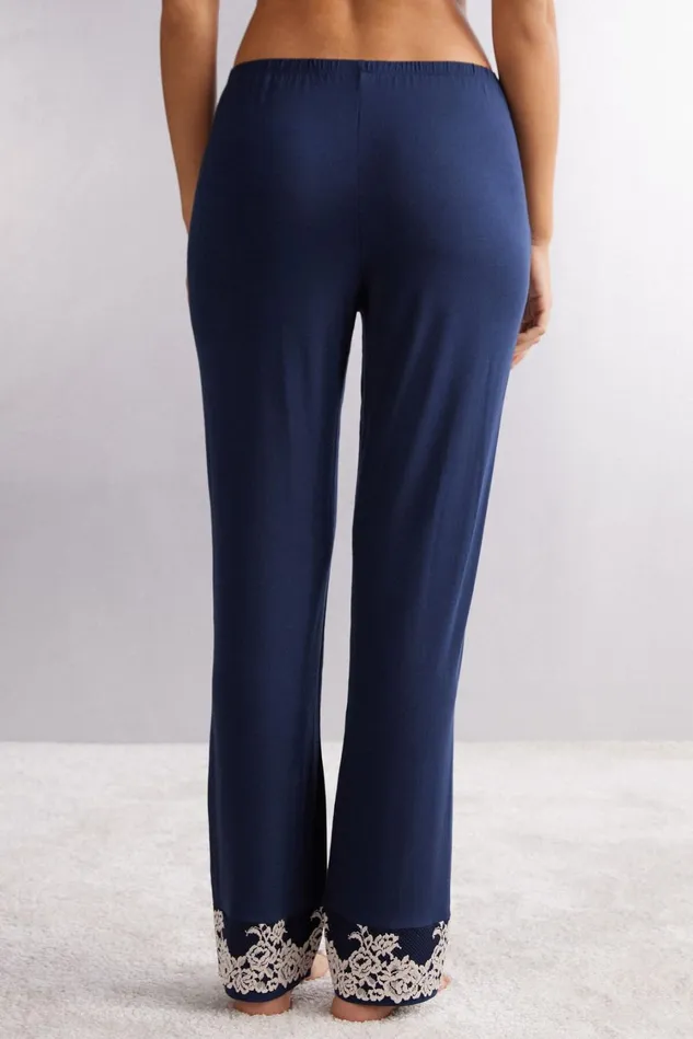 Intimissimi Long Pajamas Women Pretty Flowers Ruffled Full Length Modal Pants Blue 347i 8211 Deep Bluevanilla