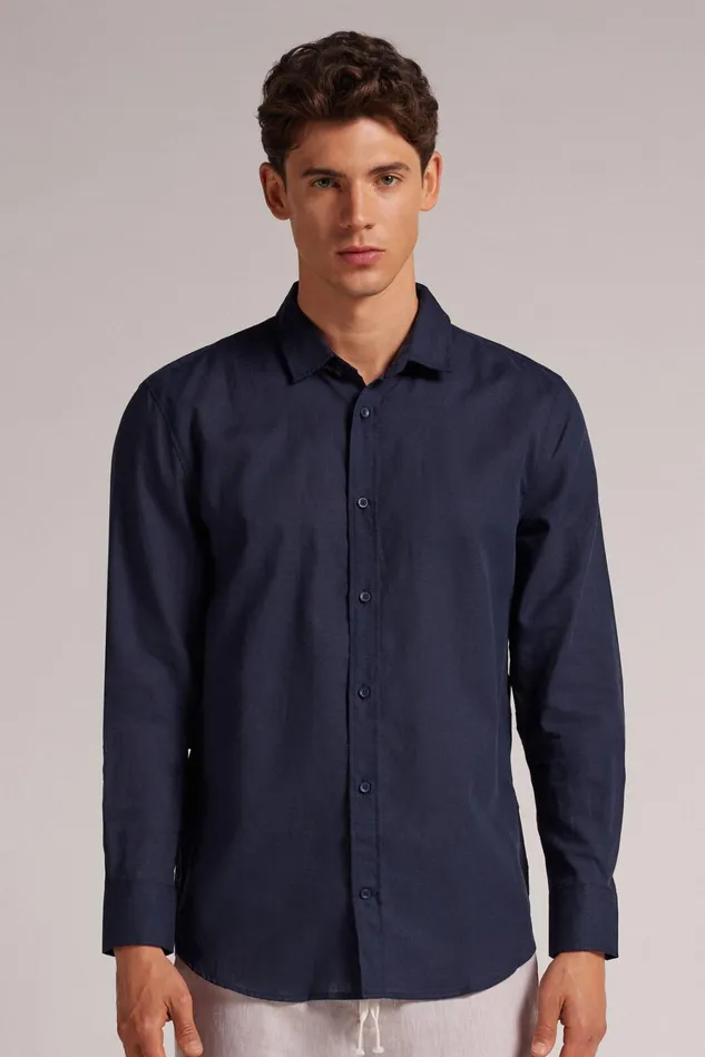 Intimissimi Long Sleeve Tops Men Linen And Cotton Shirt Blue 585j 8211 Blu Oceano