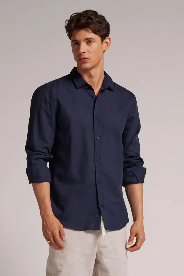 Intimissimi Long Sleeve Tops Men Linen And Cotton Shirt Blue 585j 8211 Blu Oceano