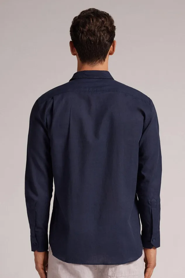 Intimissimi Long Sleeve Tops Men Linen And Cotton Shirt Blue 585j 8211 Blu Oceano