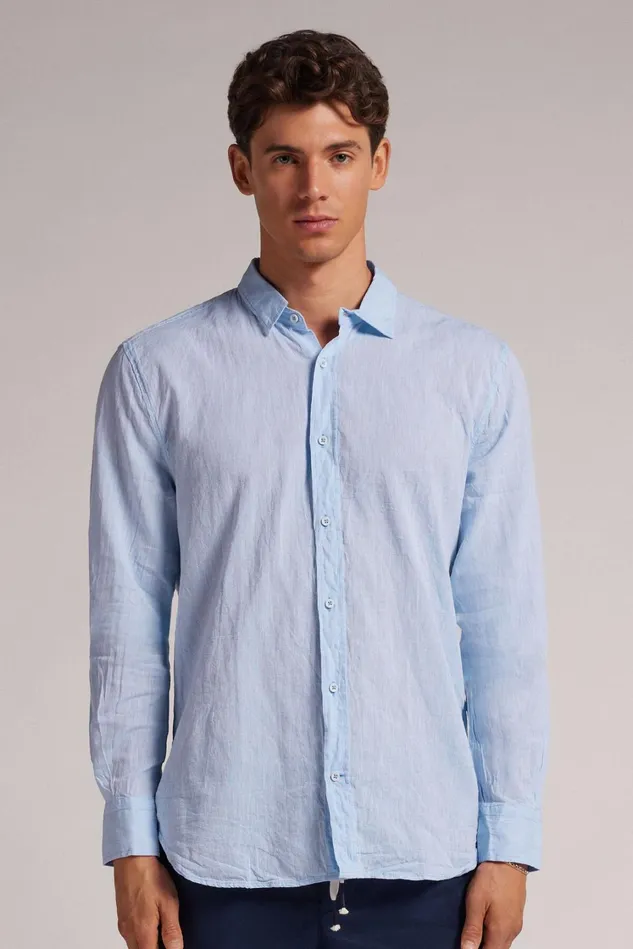 Intimissimi Long Sleeve Tops Men Linen And Cotton Shirt Light Blue 979i 8211 Light Blue