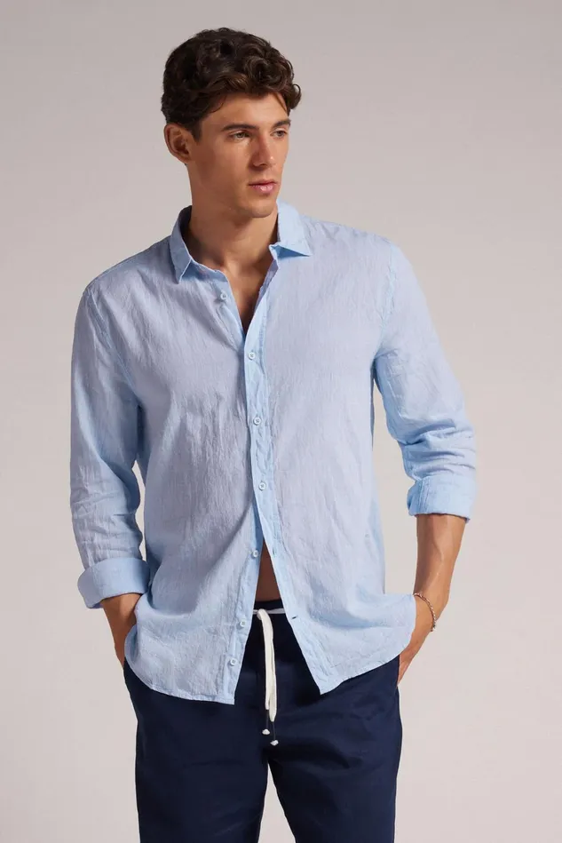 Intimissimi Long Sleeve Tops Men Linen And Cotton Shirt Light Blue 979i 8211 Light Blue