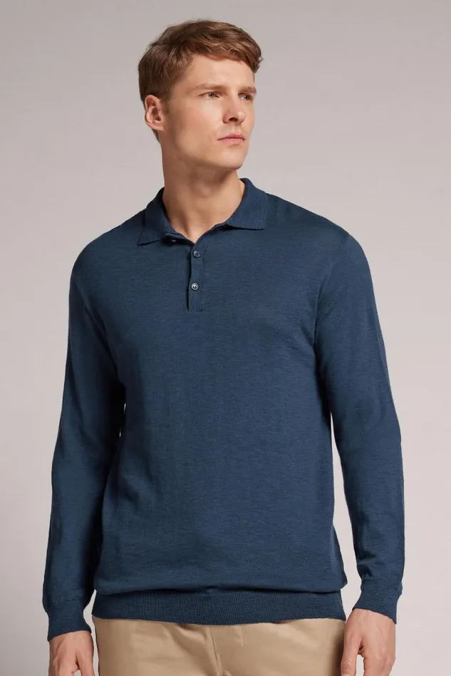 Intimissimi Long Sleeve Tops Men Long Sleeve Knit Polo Blue 556j 8211 Denim