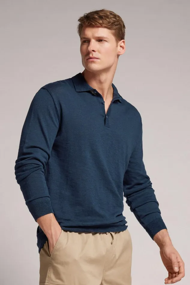 Intimissimi Long Sleeve Tops Men Long Sleeve Knit Polo Blue 556j 8211 Denim