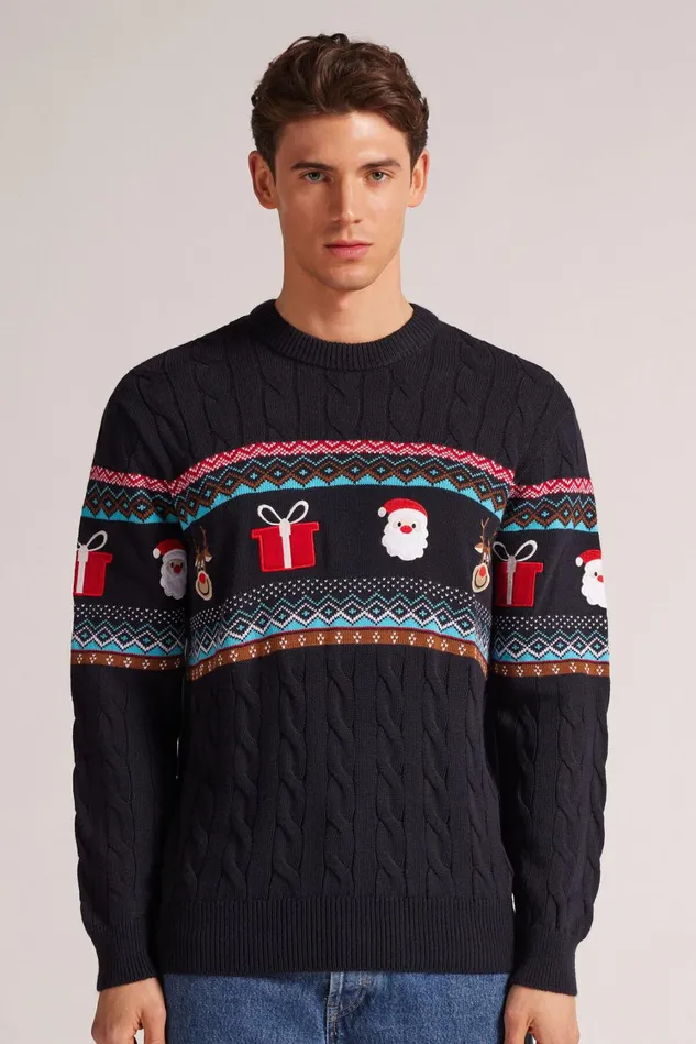 Intimissimi Long Sleeve Tops Men Santa Claus And Reindeer Christmas Sweatshirt Blue 800 8211 Blu Notte