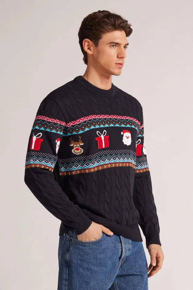 Intimissimi Long Sleeve Tops Men Santa Claus And Reindeer Christmas Sweatshirt Blue 800 8211 Blu Notte
