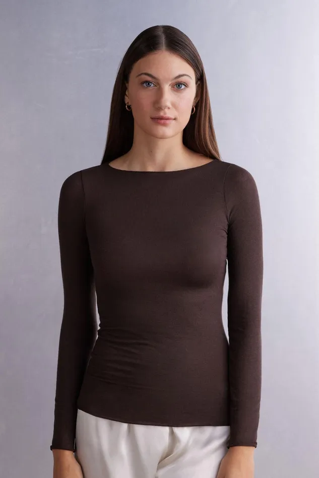 Intimissimi Long Sleeve Tops Women Boat Neck Modal Cashmere Ultralight Top Brown 130 8211 Brown
