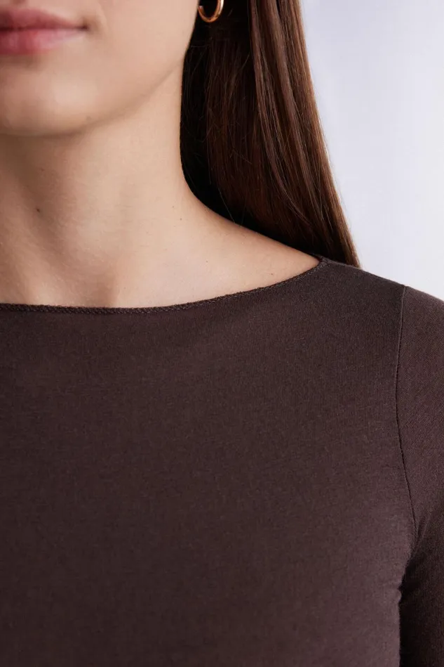 Intimissimi Long Sleeve Tops Women Boat Neck Modal Cashmere Ultralight Top Brown 130 8211 Brown