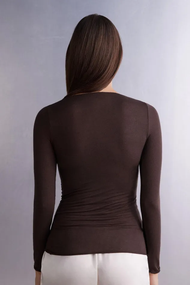 Intimissimi Long Sleeve Tops Women Boat Neck Modal Cashmere Ultralight Top Brown 130 8211 Brown