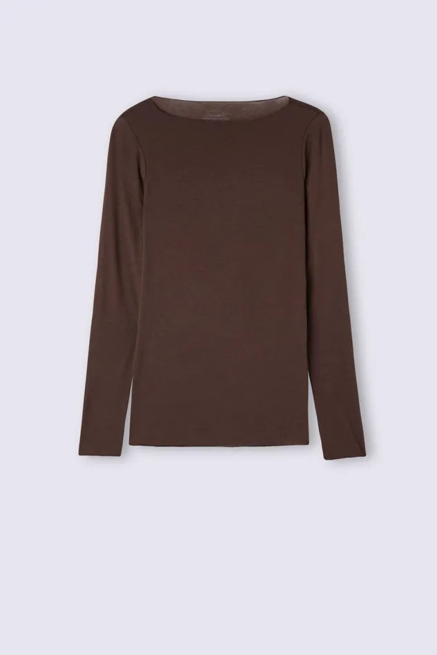 Intimissimi Long Sleeve Tops Women Boat Neck Modal Cashmere Ultralight Top Brown 130 8211 Brown