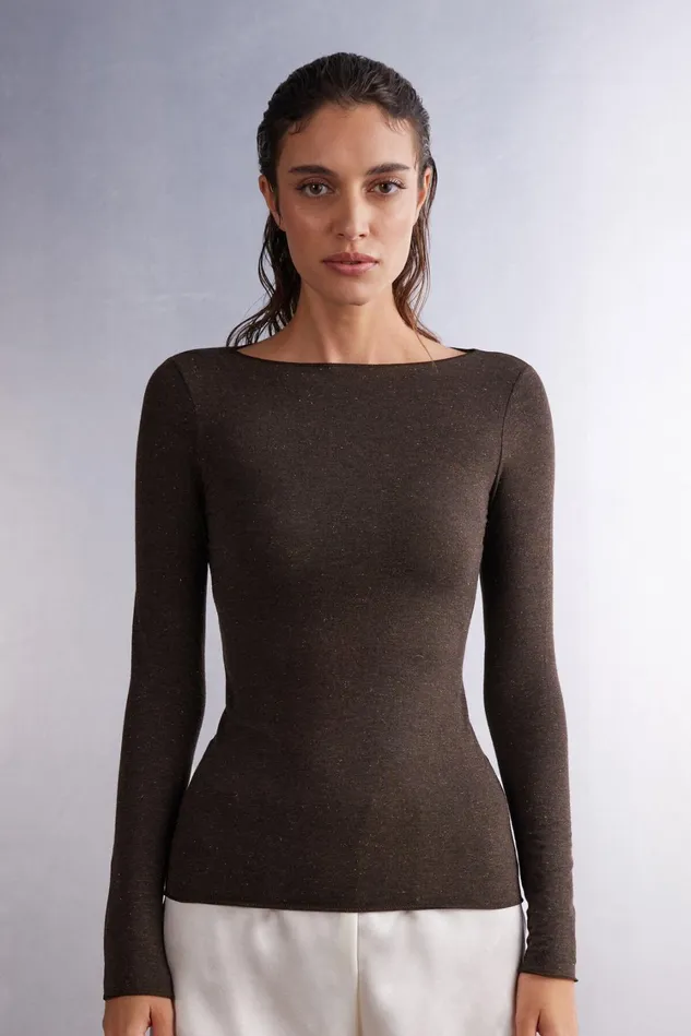 Intimissimi Long Sleeve Tops Women Crewneck Top In Modal Light With Cashmere Lam Brown 452j 8211 Marrone Scuro Lame039