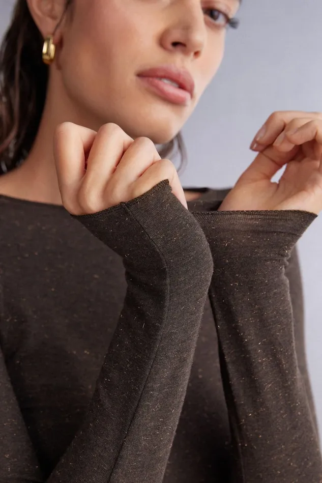 Intimissimi Long Sleeve Tops Women Crewneck Top In Modal Light With Cashmere Lam Brown 452j 8211 Marrone Scuro Lame039