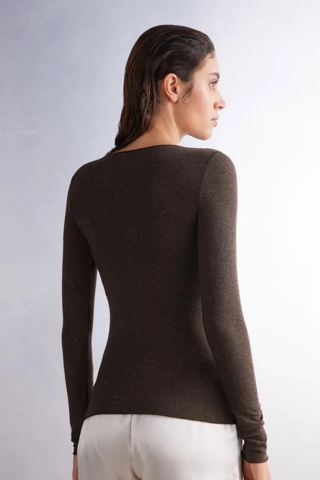Intimissimi Long Sleeve Tops Women Crewneck Top In Modal Light With Cashmere Lam Brown 452j 8211 Marrone Scuro Lame039