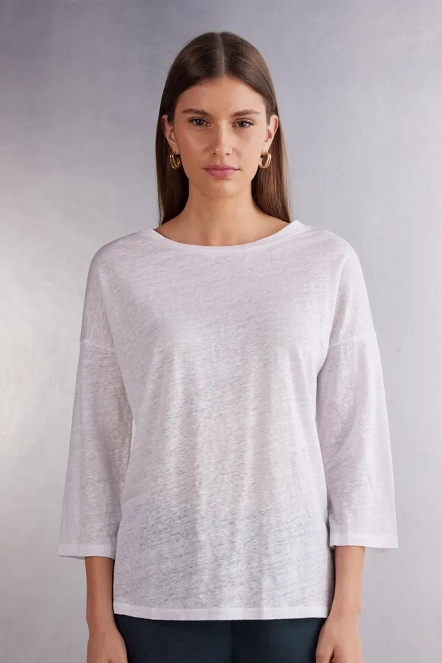 Intimissimi Long Sleeve Tops Women Linen Bateau Neck Top White 001 8211 White