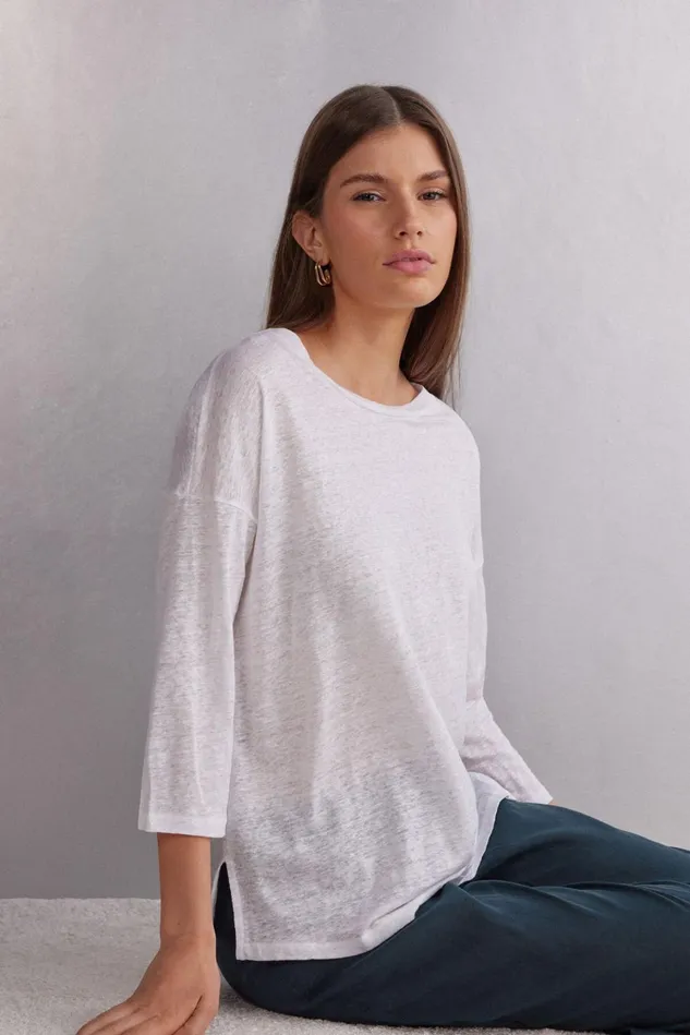 Intimissimi Long Sleeve Tops Women Linen Bateau Neck Top White 001 8211 White