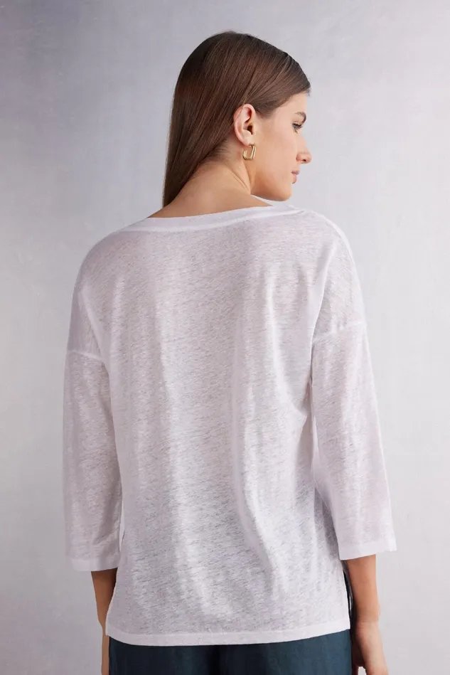 Intimissimi Long Sleeve Tops Women Linen Bateau Neck Top White 001 8211 White