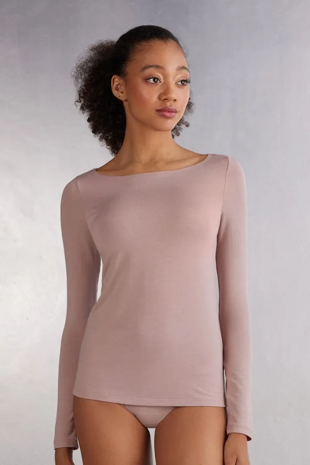 Intimissimi Long Sleeve Tops Women Long Sleeve Bateau Neck Top In Micromodal Pink 011i 8211 Elegant Pink