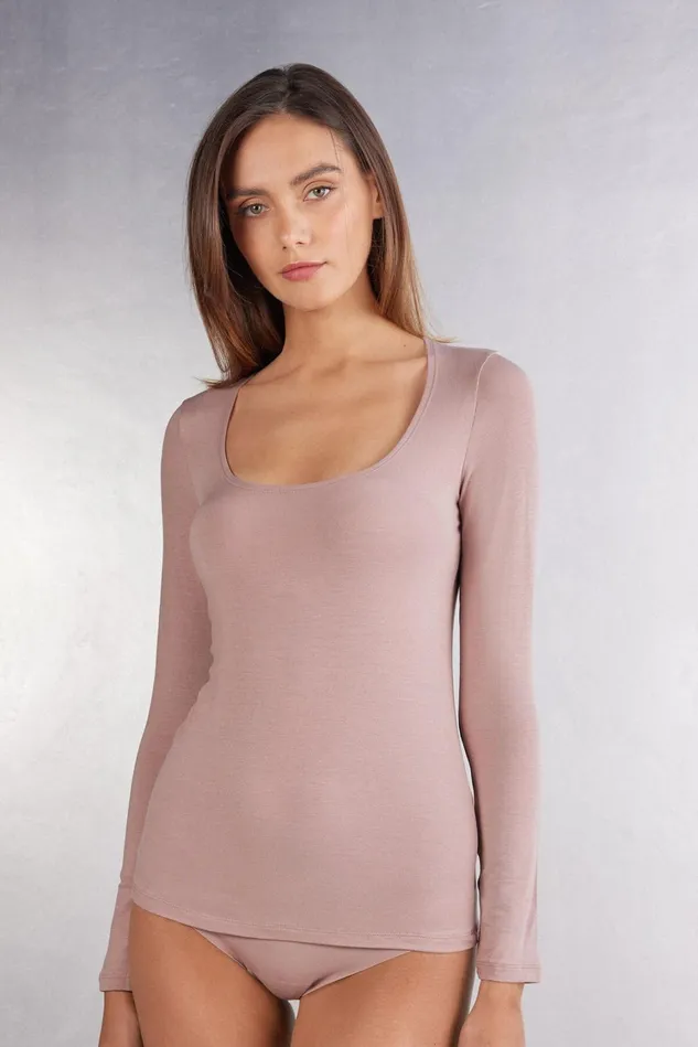 Intimissimi Long Sleeve Tops Women Long Sleeve Scoop Neck Top In MicroModal Pink 011i 8211 Elegant Pink