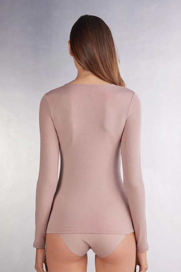 Intimissimi Long Sleeve Tops Women Long Sleeve Scoop Neck Top In MicroModal Pink 011i 8211 Elegant Pink