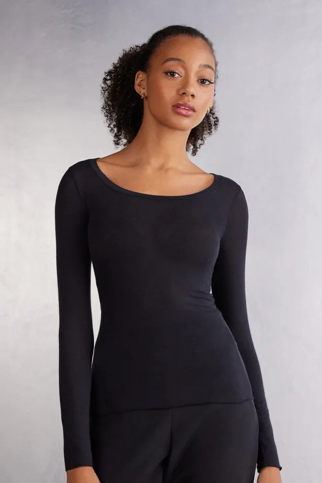 Intimissimi Long Sleeve Tops Women Long Sleeve Scoop Neck Top In Ultralight Modal With Cashmere Black 019 8211 Black