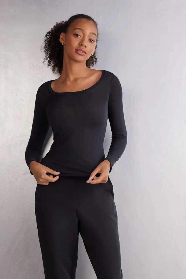 Intimissimi Long Sleeve Tops Women Long Sleeve Scoop Neck Top In Ultralight Modal With Cashmere Black 019 8211 Black