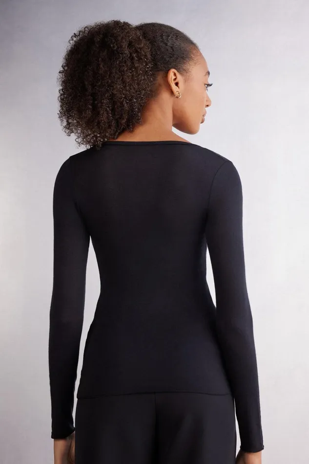 Intimissimi Long Sleeve Tops Women Long Sleeve Scoop Neck Top In Ultralight Modal With Cashmere Black 019 8211 Black