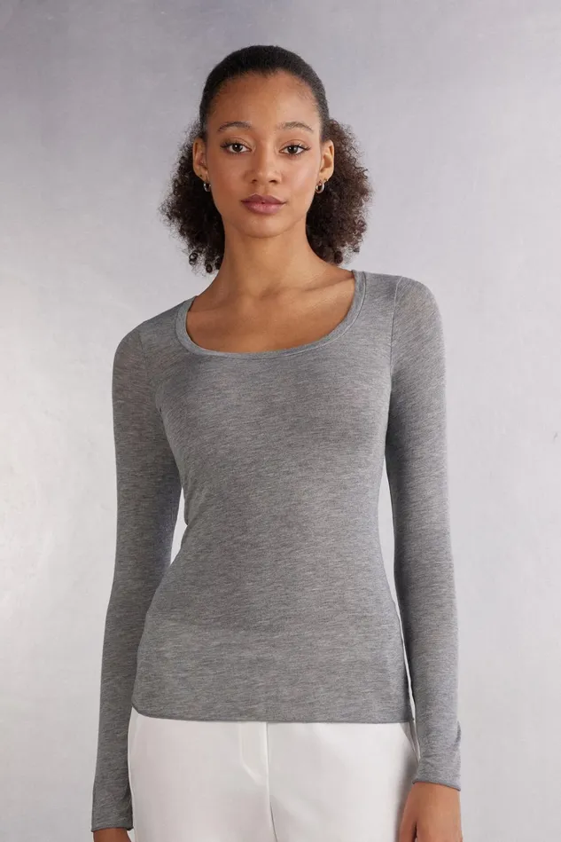 Intimissimi Long Sleeve Tops Women Long Sleeve Scoop Neck Top In Ultralight Modal With Cashmere Grey 456j 8211 Medium Grey Mel