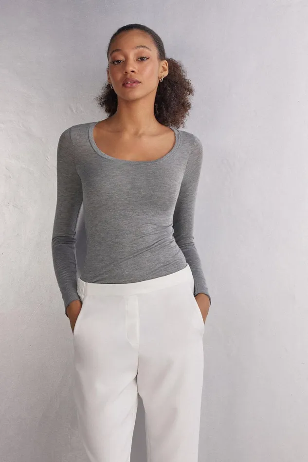 Intimissimi Long Sleeve Tops Women Long Sleeve Scoop Neck Top In Ultralight Modal With Cashmere Grey 456j 8211 Medium Grey Mel