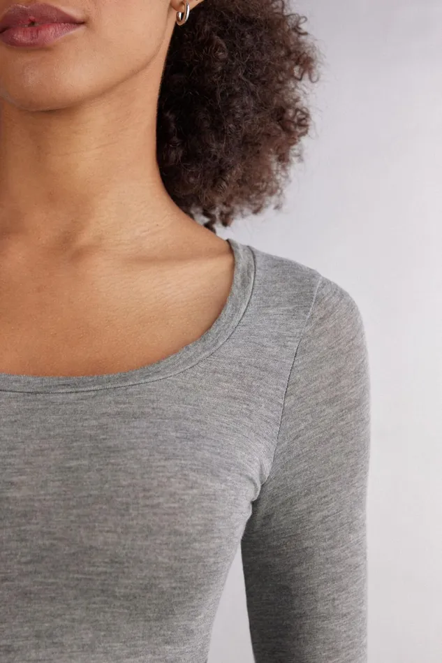 Intimissimi Long Sleeve Tops Women Long Sleeve Scoop Neck Top In Ultralight Modal With Cashmere Grey 456j 8211 Medium Grey Mel