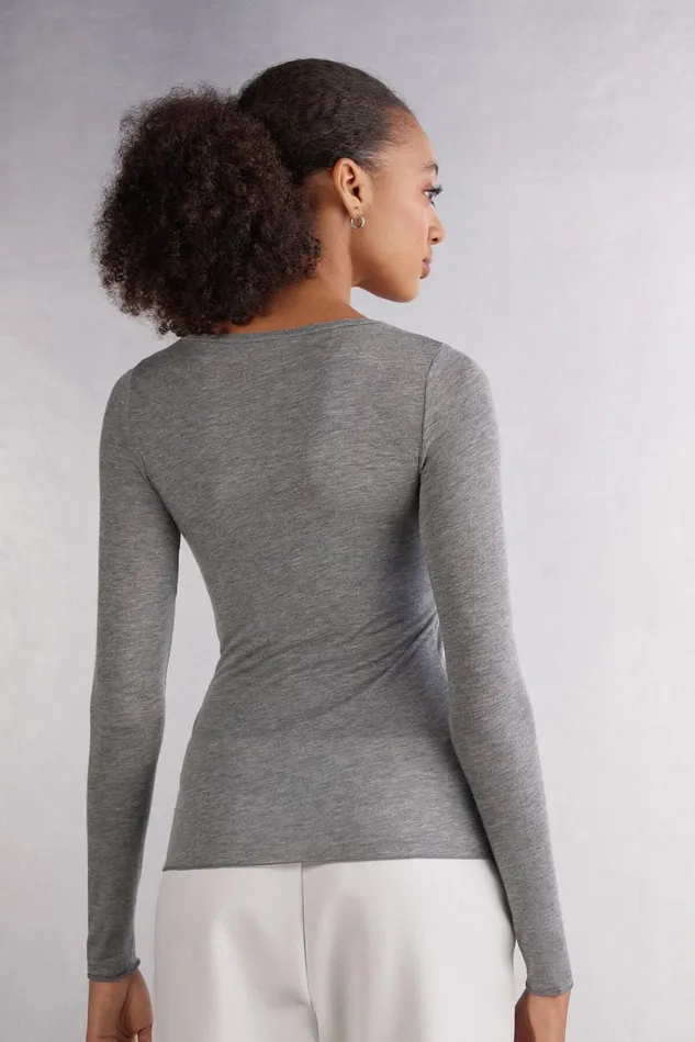 Intimissimi Long Sleeve Tops Women Long Sleeve Scoop Neck Top In Ultralight Modal With Cashmere Grey 456j 8211 Medium Grey Mel