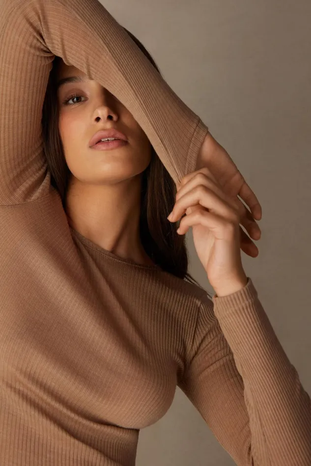 Intimissimi Long Sleeve Tops Women Long Sleeve Wide Neck Sweater In Wool And Silk Brown 2328 8211 Camel