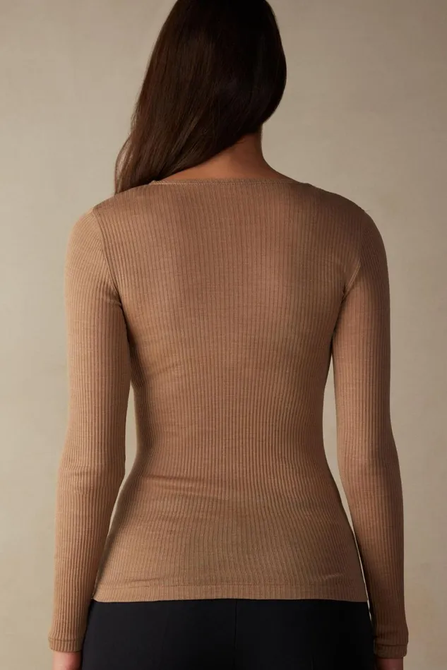 Intimissimi Long Sleeve Tops Women Long Sleeve Wide Neck Sweater In Wool And Silk Brown 2328 8211 Camel