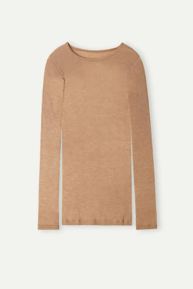 Intimissimi Long Sleeve Tops Women Long Sleeve Wide Neck Sweater In Wool And Silk Brown 2328 8211 Camel