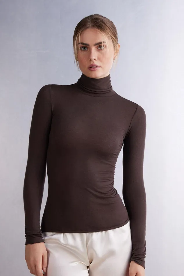 Intimissimi Long Sleeve Tops Women Modal Cashmere Ultralight HighNeck Top Brown 130 8211 Brown