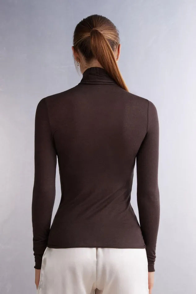 Intimissimi Long Sleeve Tops Women Modal Cashmere Ultralight HighNeck Top Brown 130 8211 Brown
