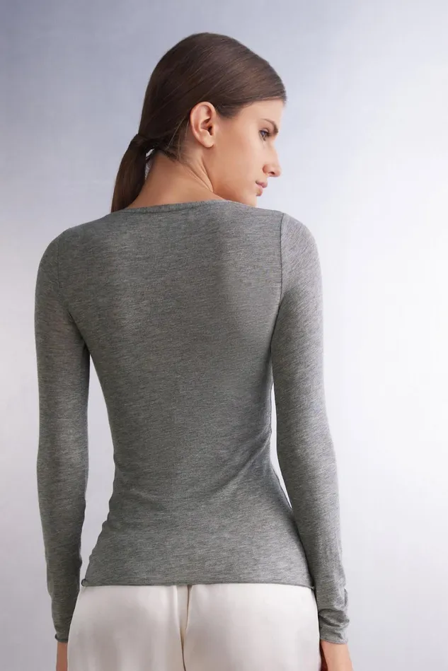 Intimissimi Long Sleeve Tops Women VNeck Top In Modal Ultralight With Cashmere Grey 456j 8211 Medium Grey Mel