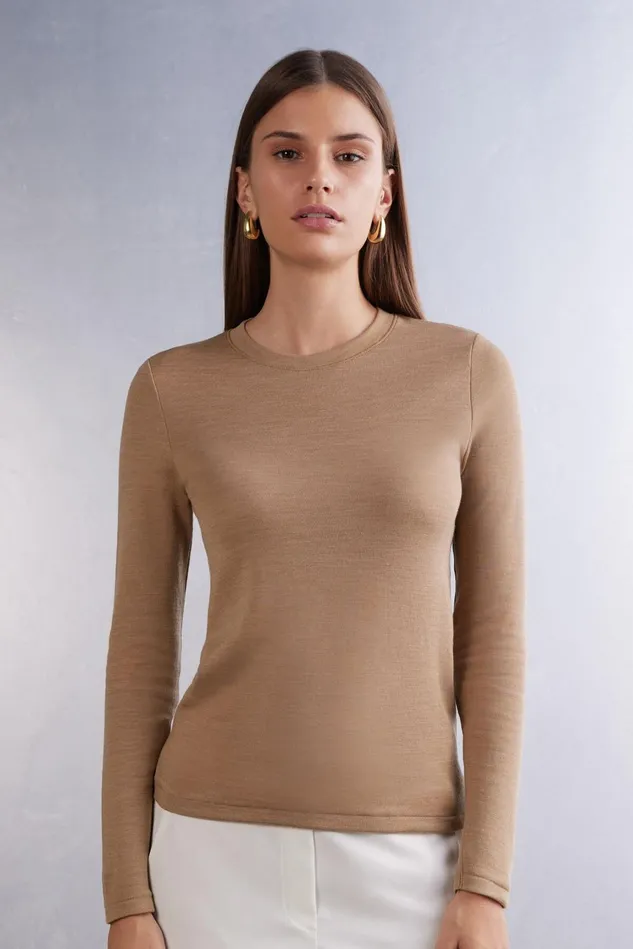 Intimissimi Long Sleeve Tops Women Wool and Cotton Long Sleeve Crewneck Top Brown 2328 8211 Camel