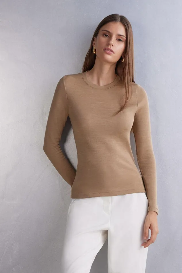 Intimissimi Long Sleeve Tops Women Wool and Cotton Long Sleeve Crewneck Top Brown 2328 8211 Camel