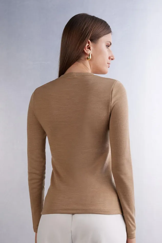Intimissimi Long Sleeve Tops Women Wool and Cotton Long Sleeve Crewneck Top Brown 2328 8211 Camel