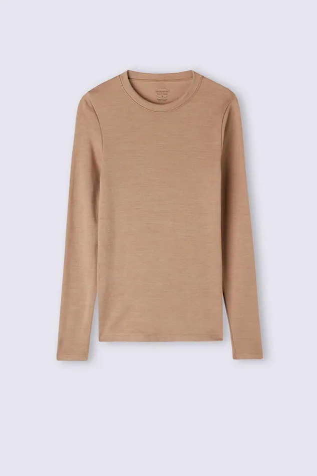Intimissimi Long Sleeve Tops Women Wool and Cotton Long Sleeve Crewneck Top Brown 2328 8211 Camel