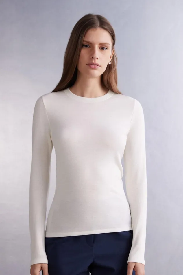 Intimissimi Long Sleeve Tops Women Wool and Cotton Long Sleeve Crewneck Top Ivory 2127 8211 Talc White